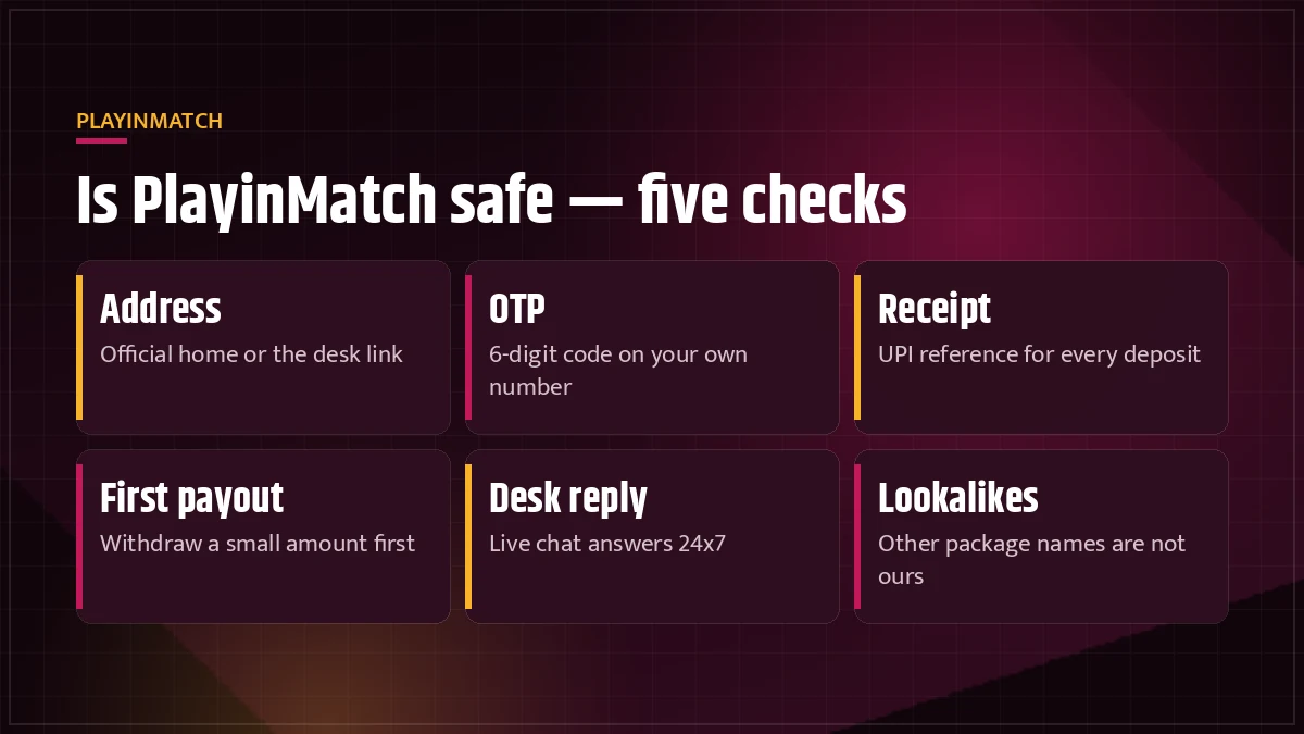 Is PlayinMatch safe checklist panel showing address, OTP, receipt, payout and desk checks