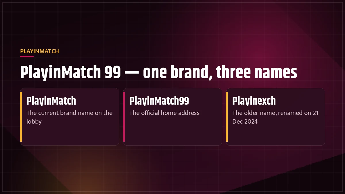 PlayinMatch 99 lobby screen with Exch, In-Play and casino tiles