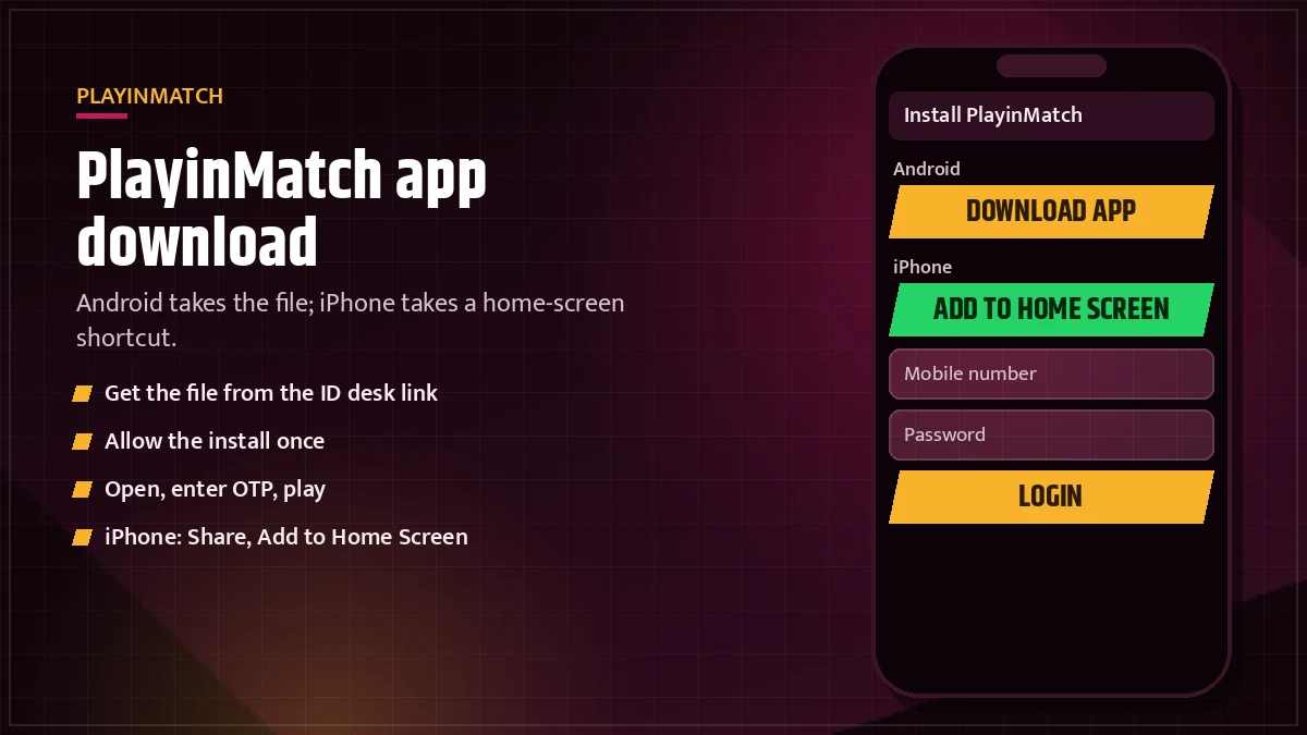PlayinMatch app on a phone showing the Home tab and five bottom tabs after install