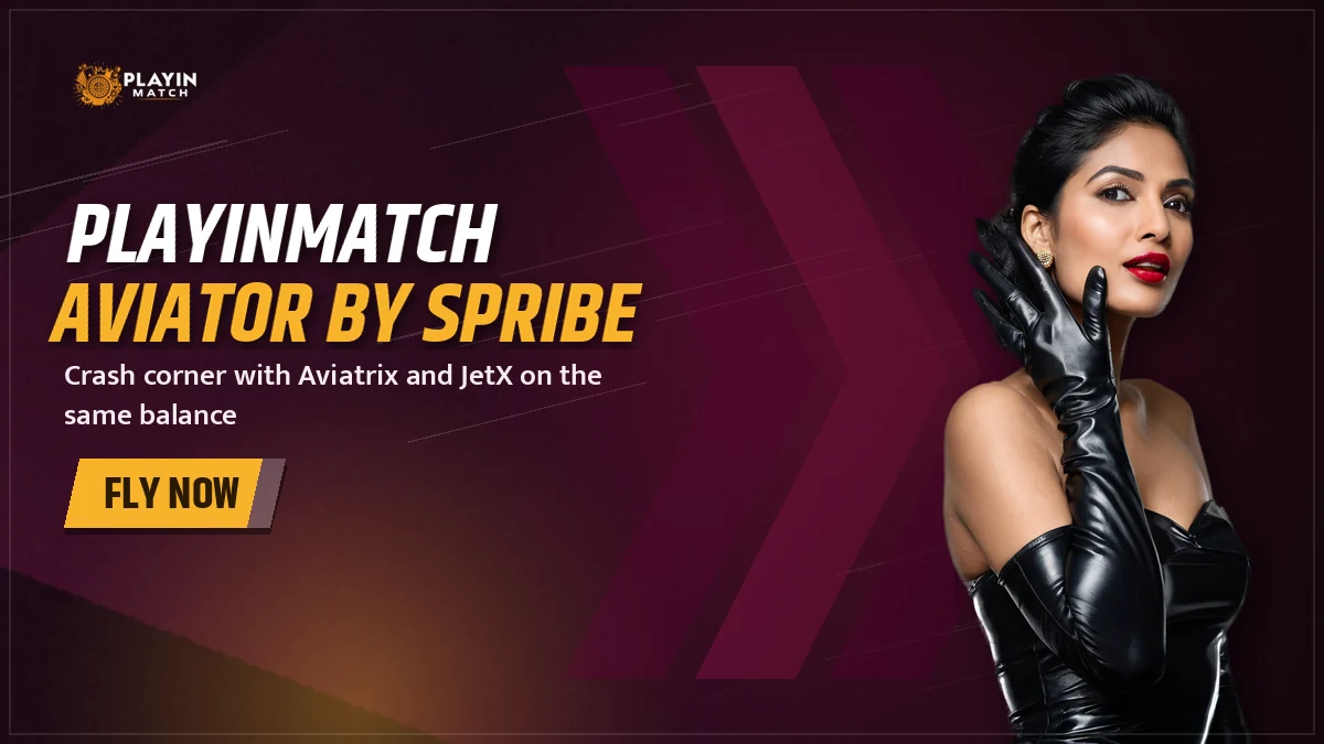 PlayinMatch Aviator banner with a cricket fan pointing at the Spribe crash game