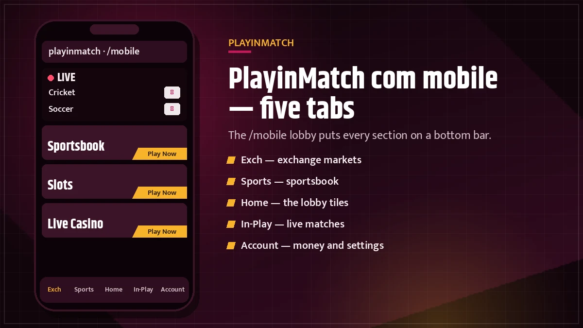 PlayinMatch Com Mobile lobby inside a phone frame with the Live Sports card and tiles