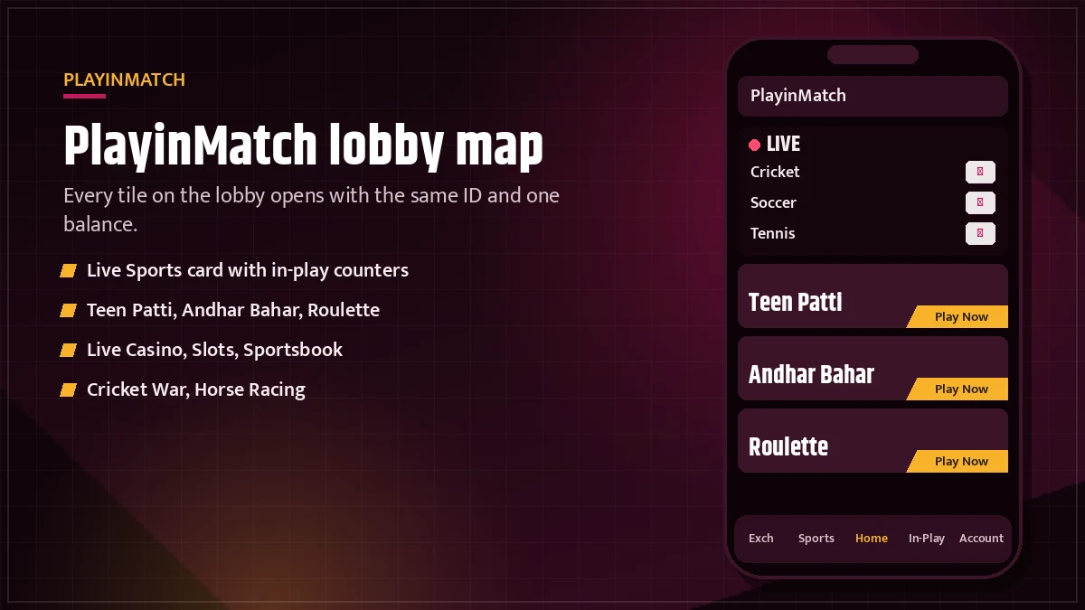 PlayinMatch lobby map screen with the Live Sports counter card, sixteen tiles and bottom tabs