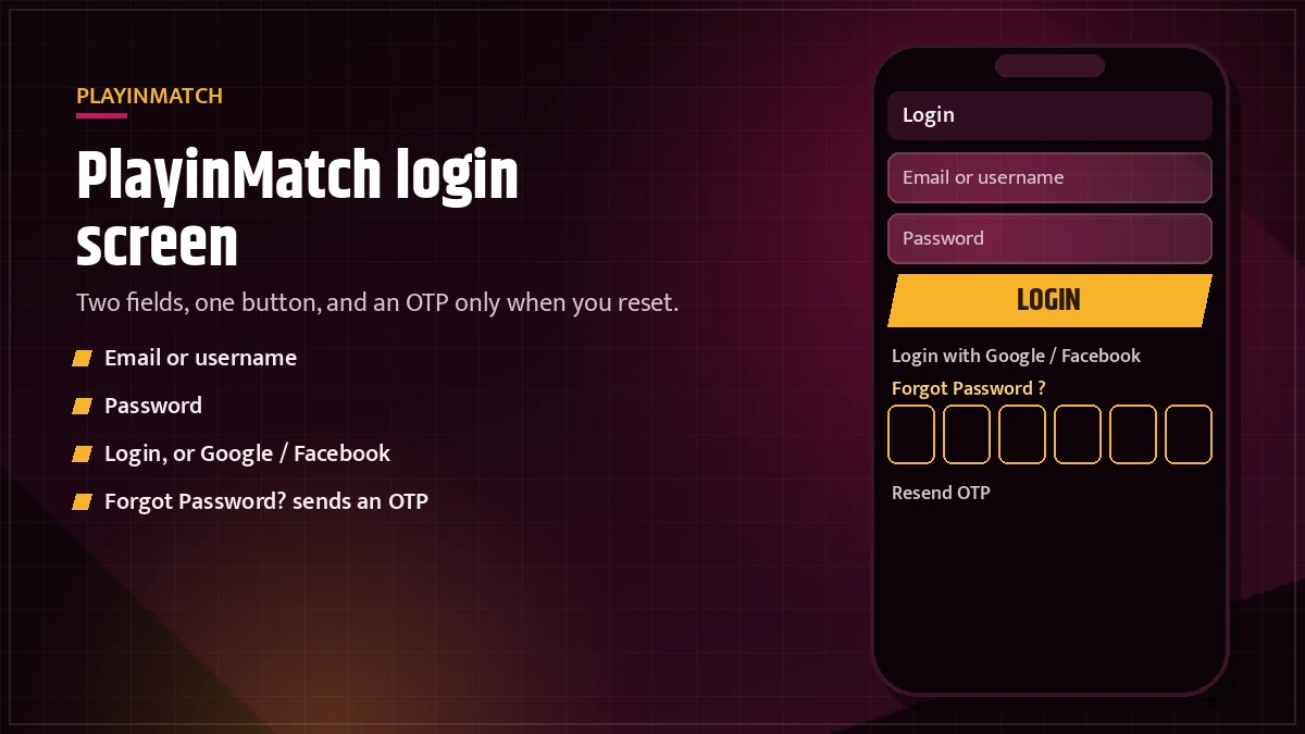 PlayinMatch login form on a phone with the OTP reset boxes