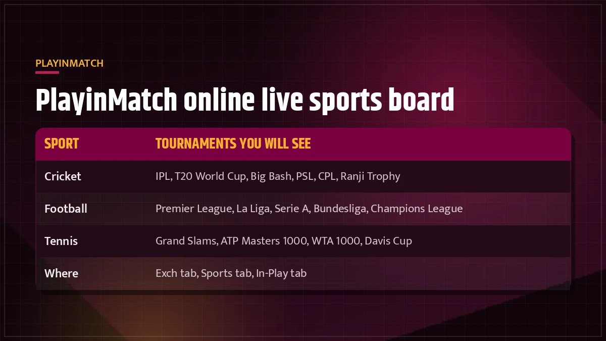 PlayinMatch Live Sports card with cricket, soccer and tennis counters and the In-Play tab